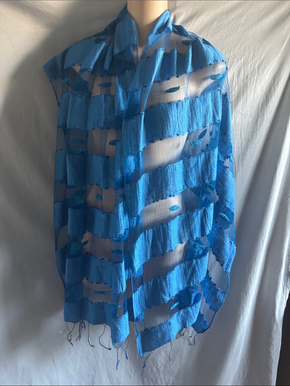 Blue Pacific Sheer Blue Striped Silk Fringe Scarf